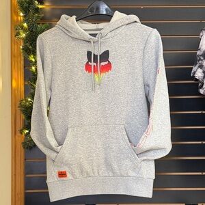 Fox Gray Hoodie with Red and Yellow Gradient Logo